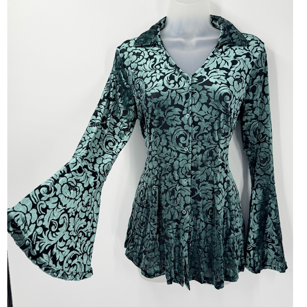 Whimsigoth velvet burnout Top Womens S Green Witchy Bell Sleeve Floral Button Up